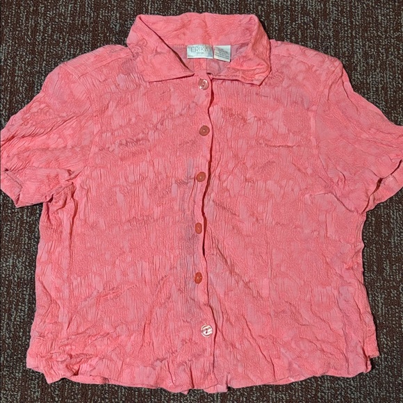erika dress Tops - Vintage pink smocked open back cropped short sleeve button down relaxed blouse M